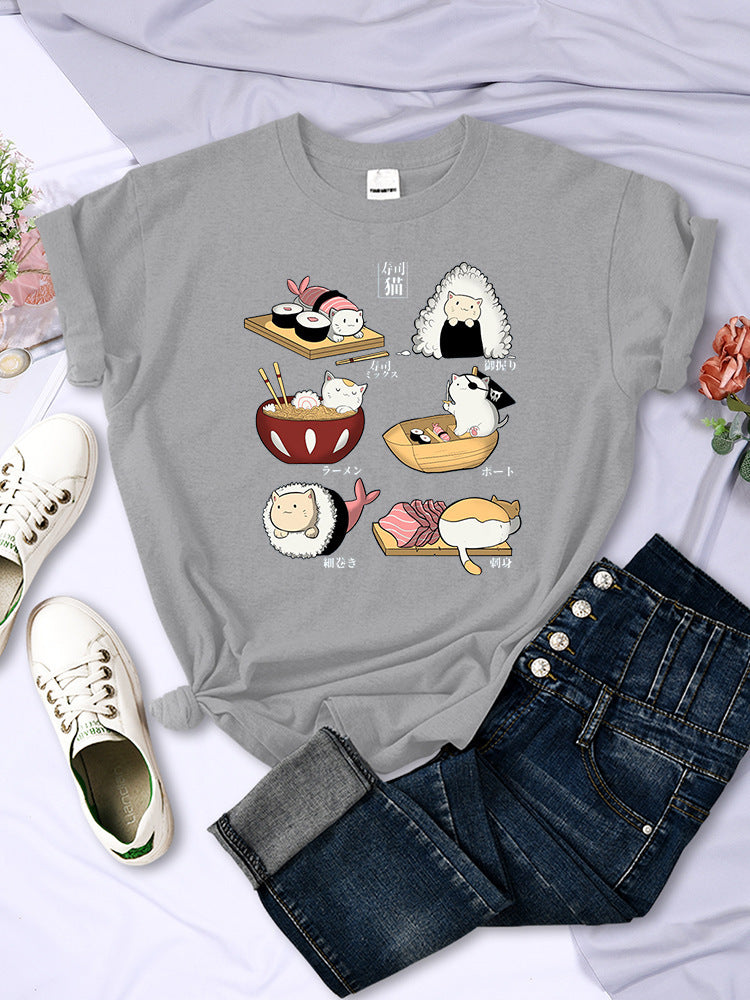 Sushi Cats Day Harajuku Print Female Shirts FashT-shirt
