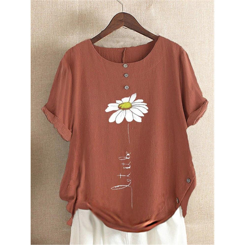 New European And American Loose Round Neck Print Button Top Women's Summer