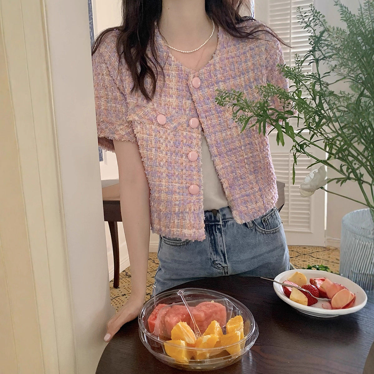 High-grade Round Neck Korean Gentle Short Sleeve Jacket