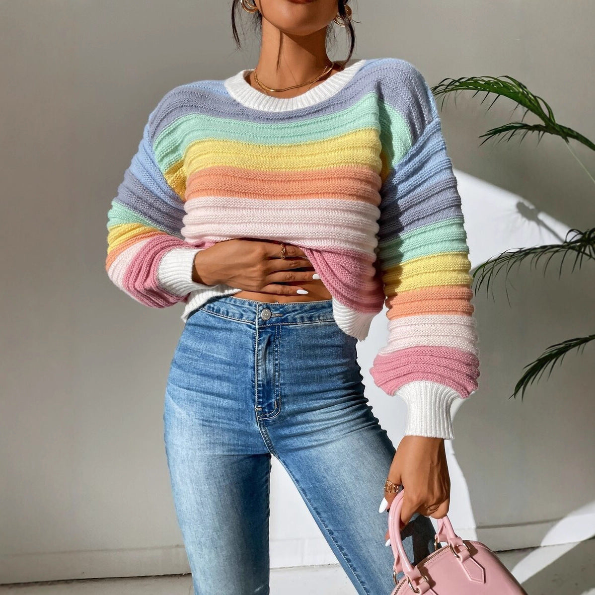 Elegant Elegant Spliced Rainbow Striped Lantern Sleeve Sweater