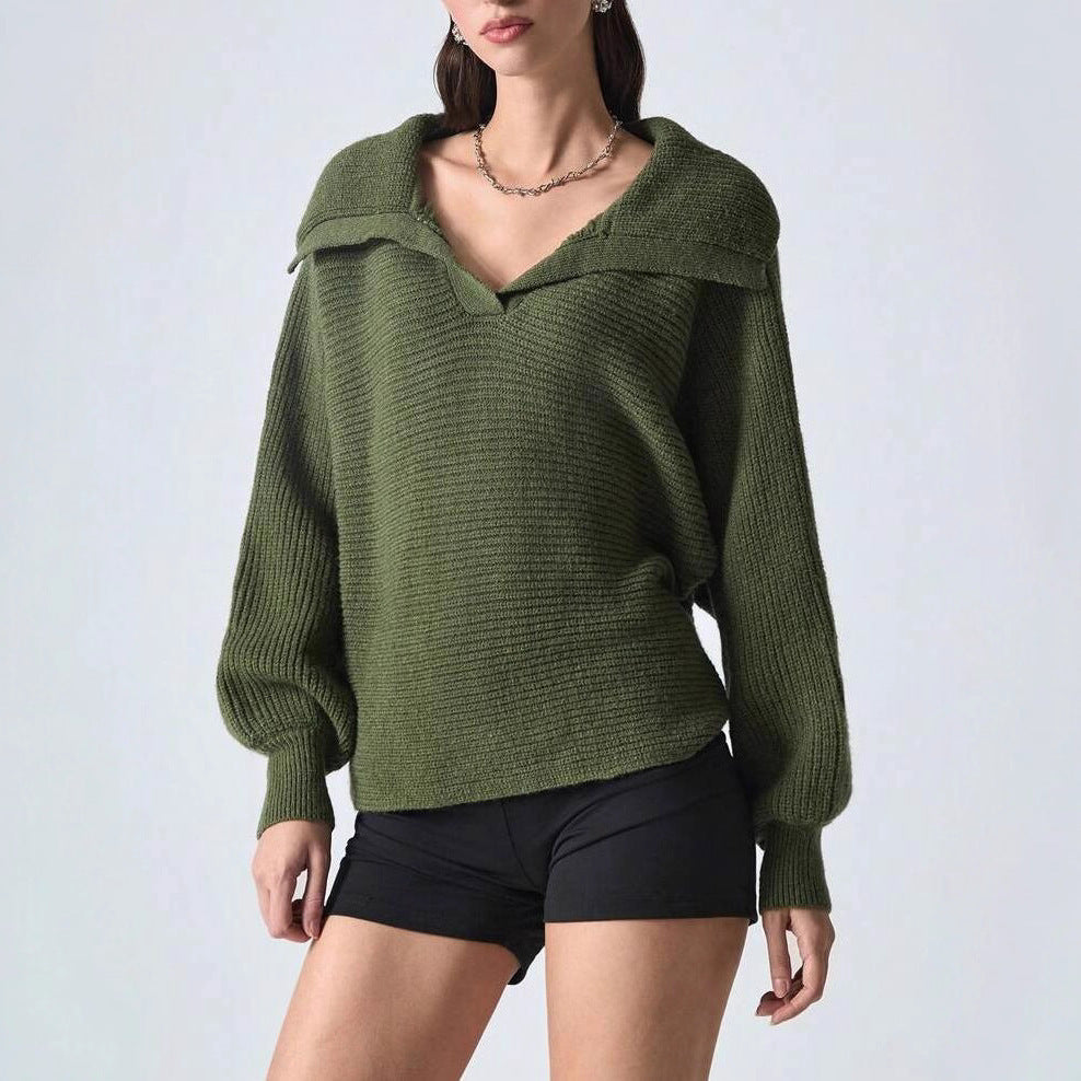 Elegant Polo Collar Solid Color Long Sleeve Knitted Pullover Sweater