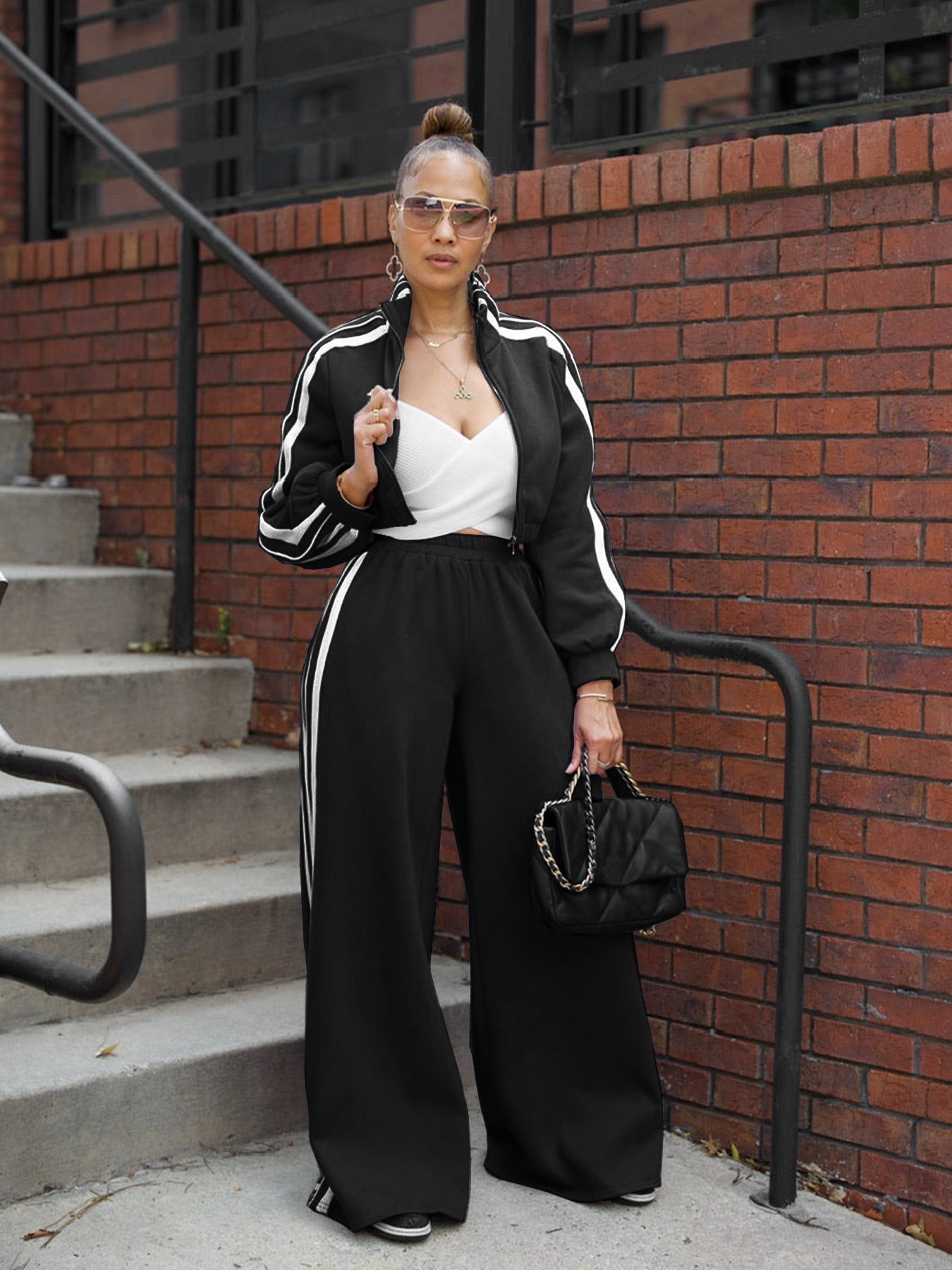 Striped Zipper Thickening Sweater Leisure Commute Suit