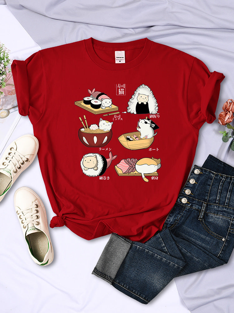 Sushi Cats Day Harajuku Print Female Shirts FashT-shirt
