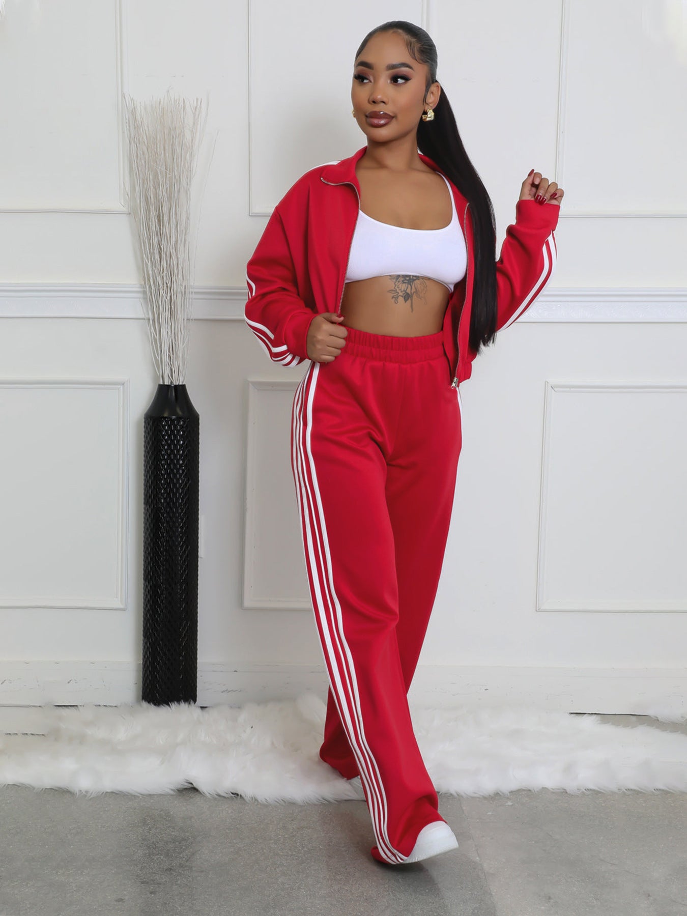 Striped Zipper Thickening Sweater Leisure Commute Suit