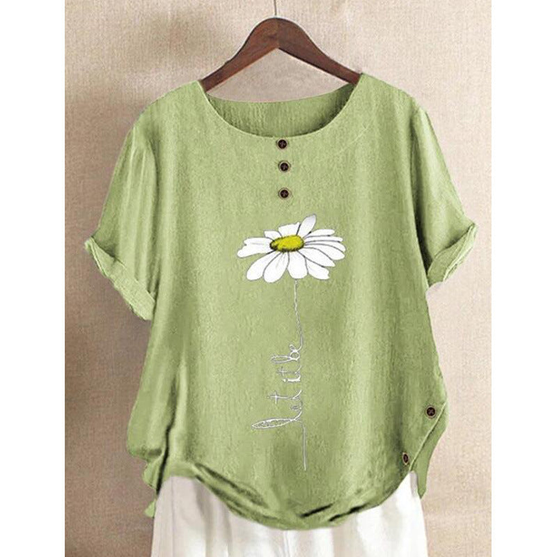 New European And American Loose Round Neck Print Button Top Women's Summer