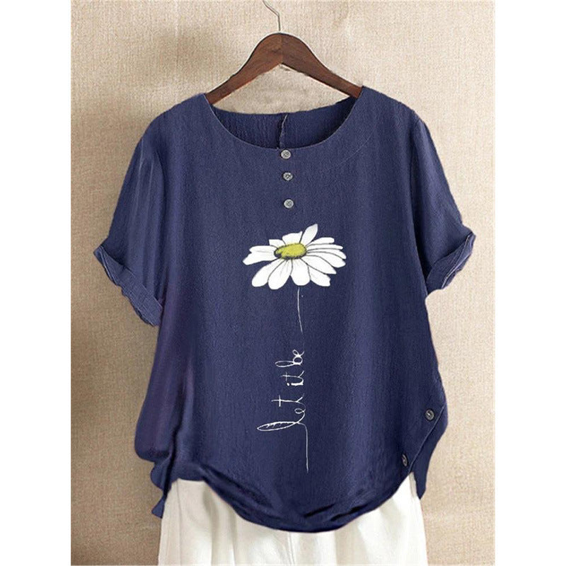 New European And American Loose Round Neck Print Button Top Women's Summer