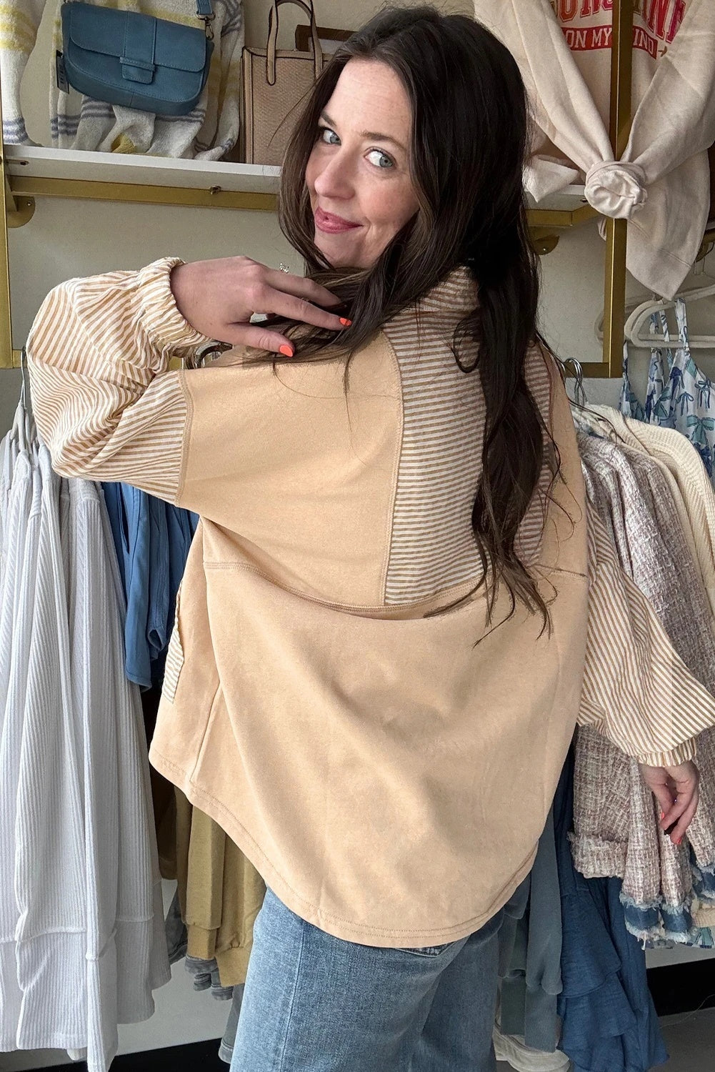 Zipper Stripes Patchwork Cold-shoulder Loose Long Sleeve Top