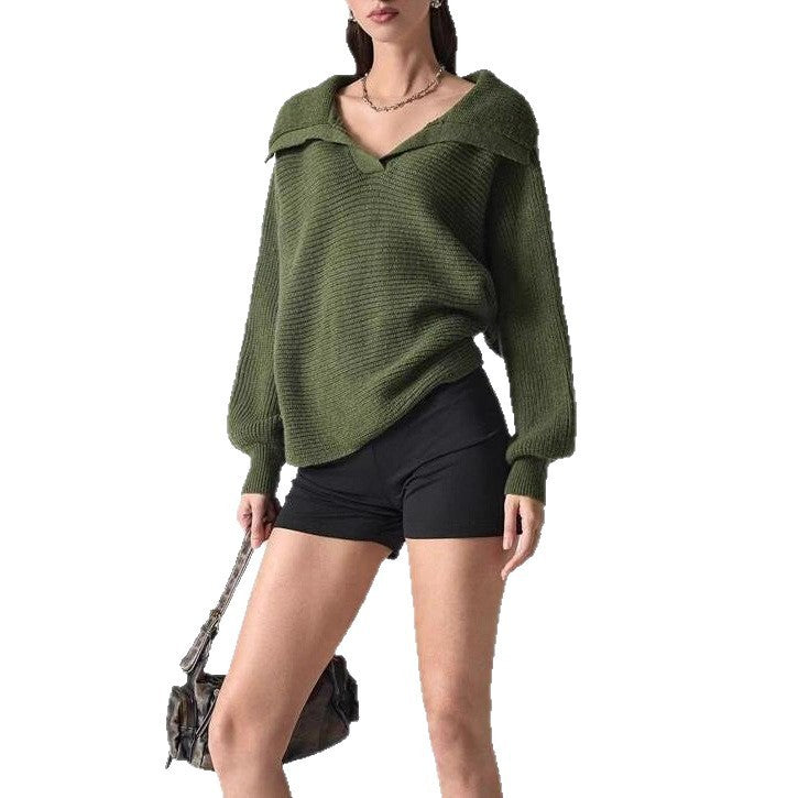 Elegant Polo Collar Solid Color Long Sleeve Knitted Pullover Sweater
