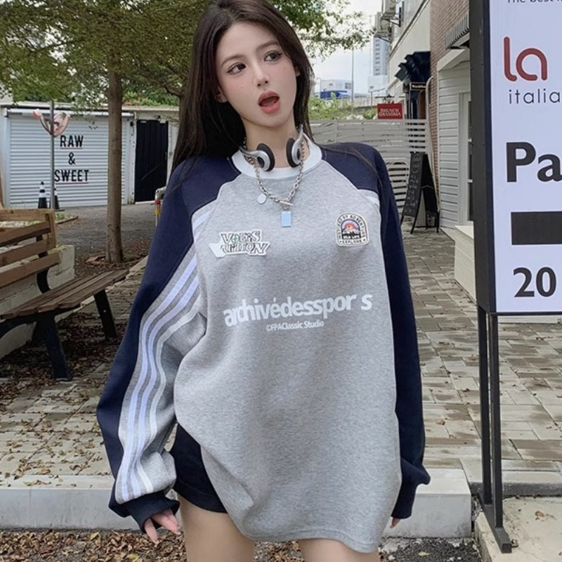 Patchwork Color Three Bars Round Neck Sweater