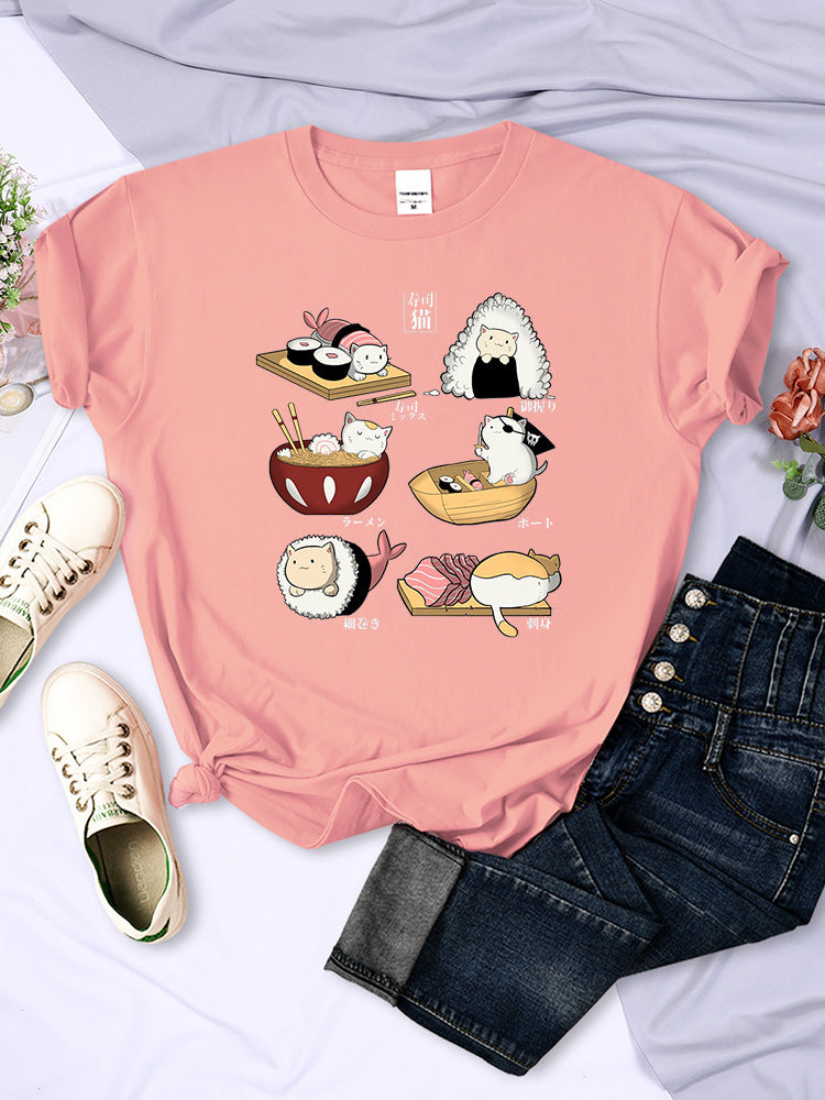 Sushi Cats Day Harajuku Print Female Shirts FashT-shirt