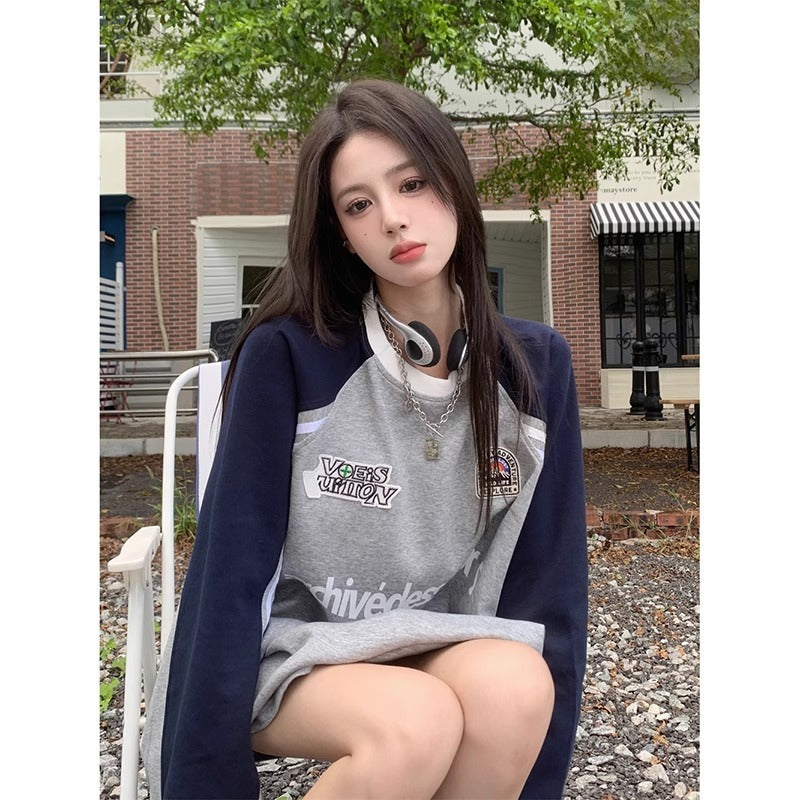 Patchwork Color Three Bars Round Neck Sweater