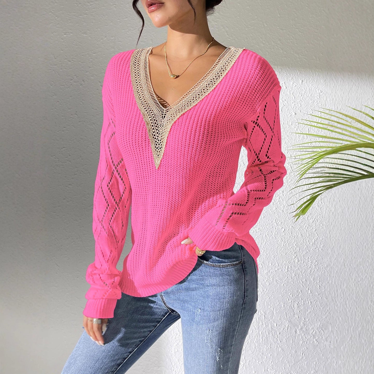 Lace Stitching Hollow Contrast Color Knitwear