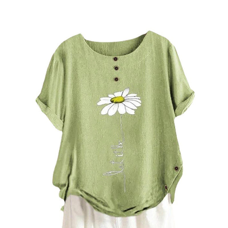 New European And American Loose Round Neck Print Button Top Women's Summer