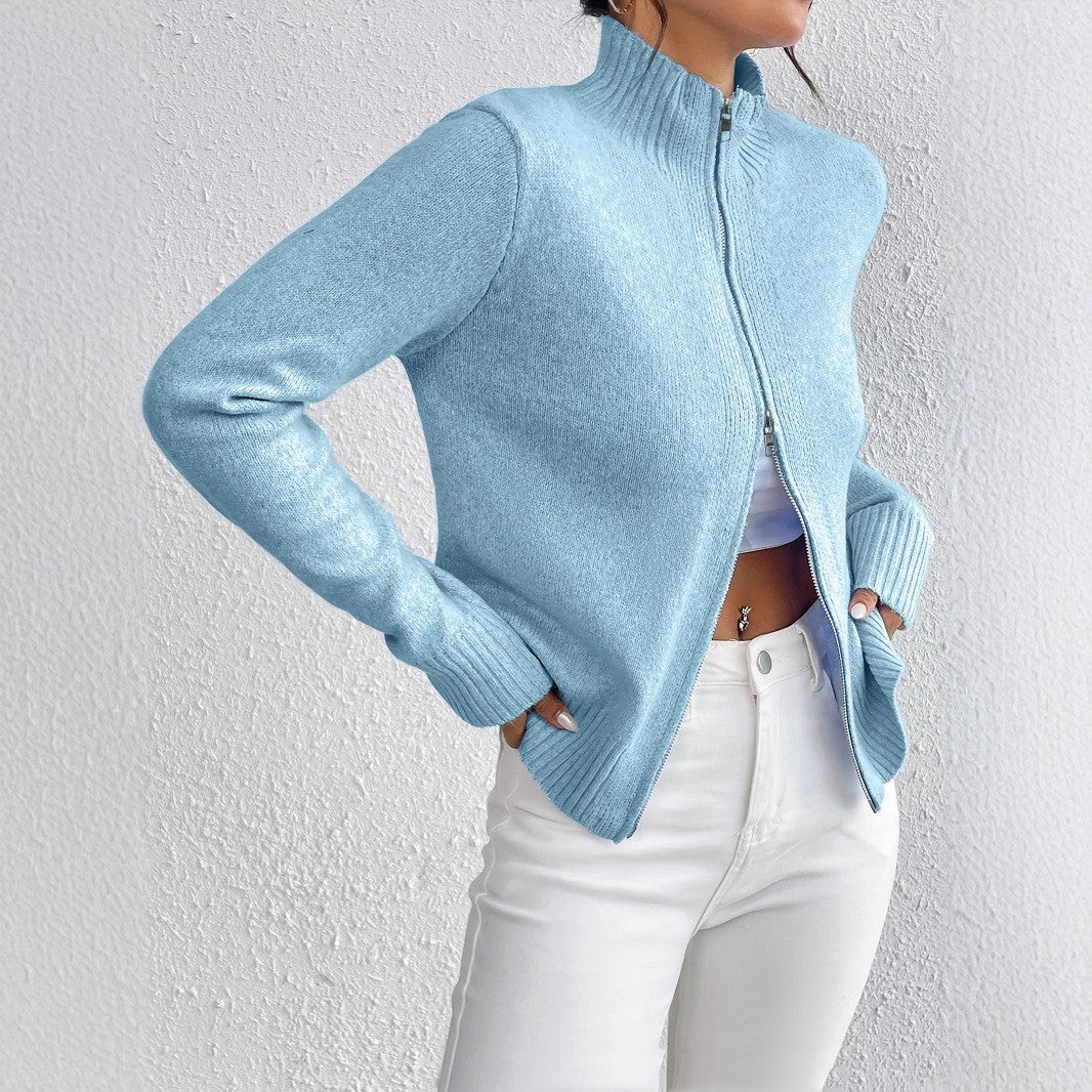 Stand Collar Zipper Sweater Fashionable Knitted