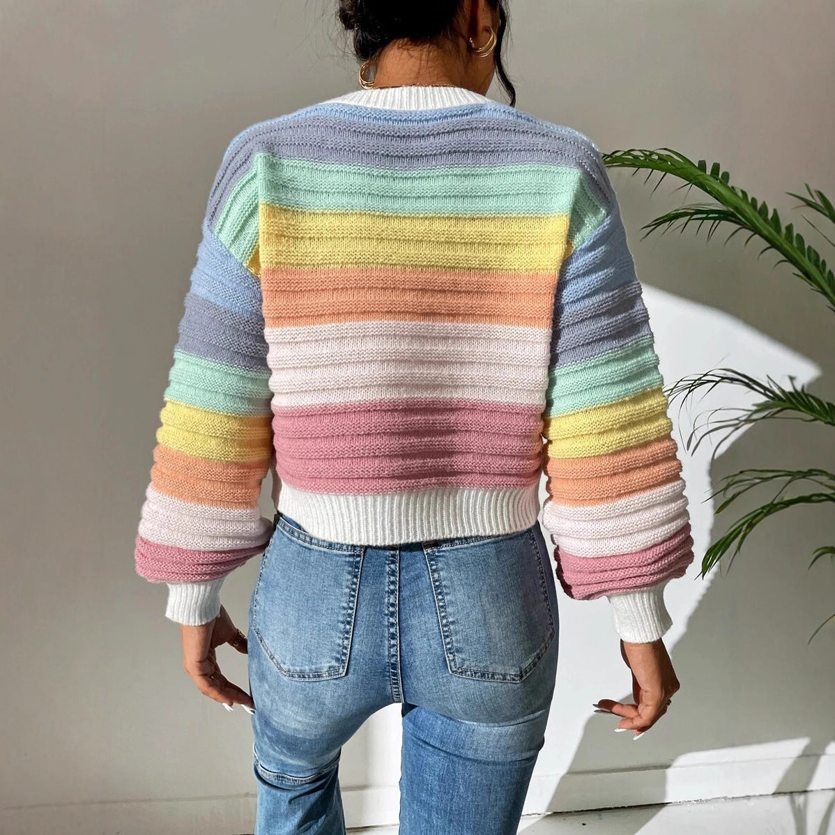 Elegant Elegant Spliced Rainbow Striped Lantern Sleeve Sweater