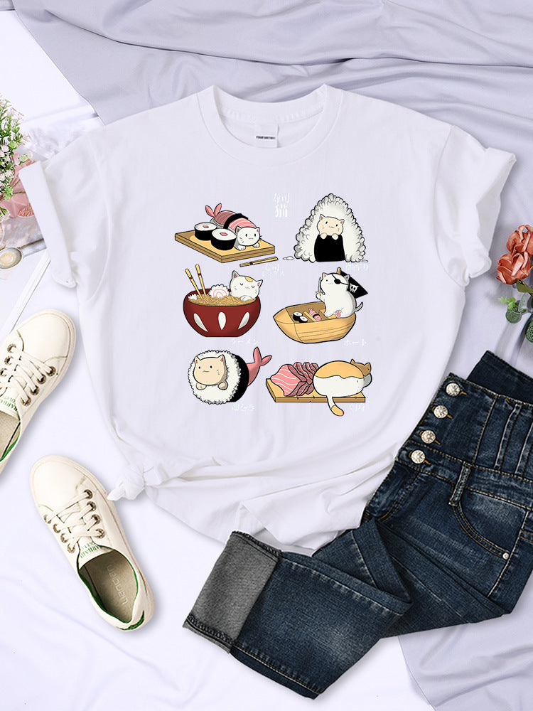 Sushi Cats Day Harajuku Print Female Shirts FashT-shirt
