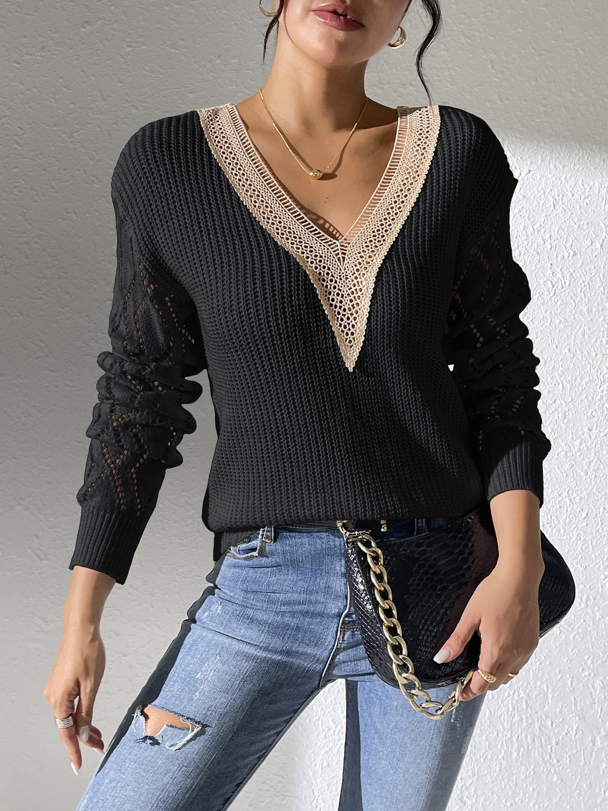 Lace Stitching Hollow Contrast Color Knitwear