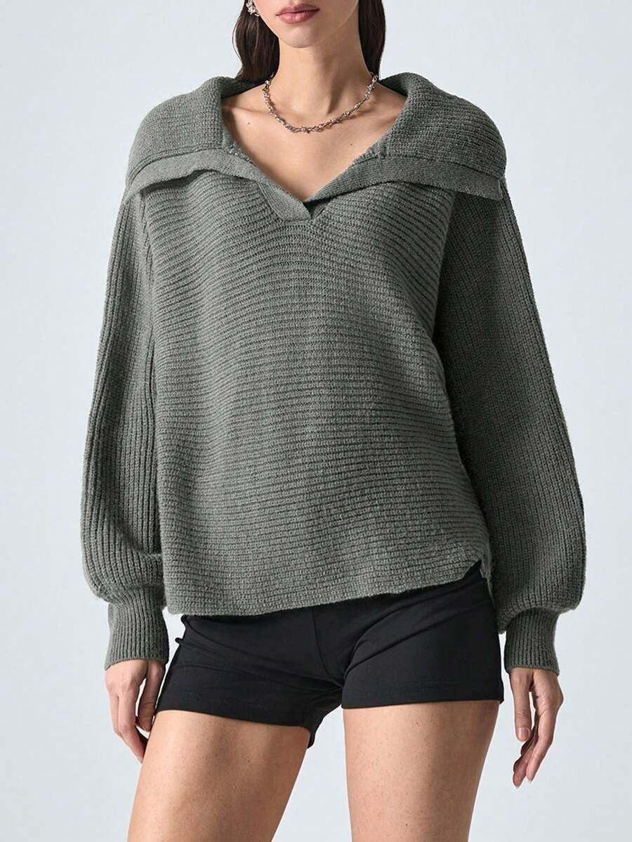 Elegant Polo Collar Solid Color Long Sleeve Knitted Pullover Sweater
