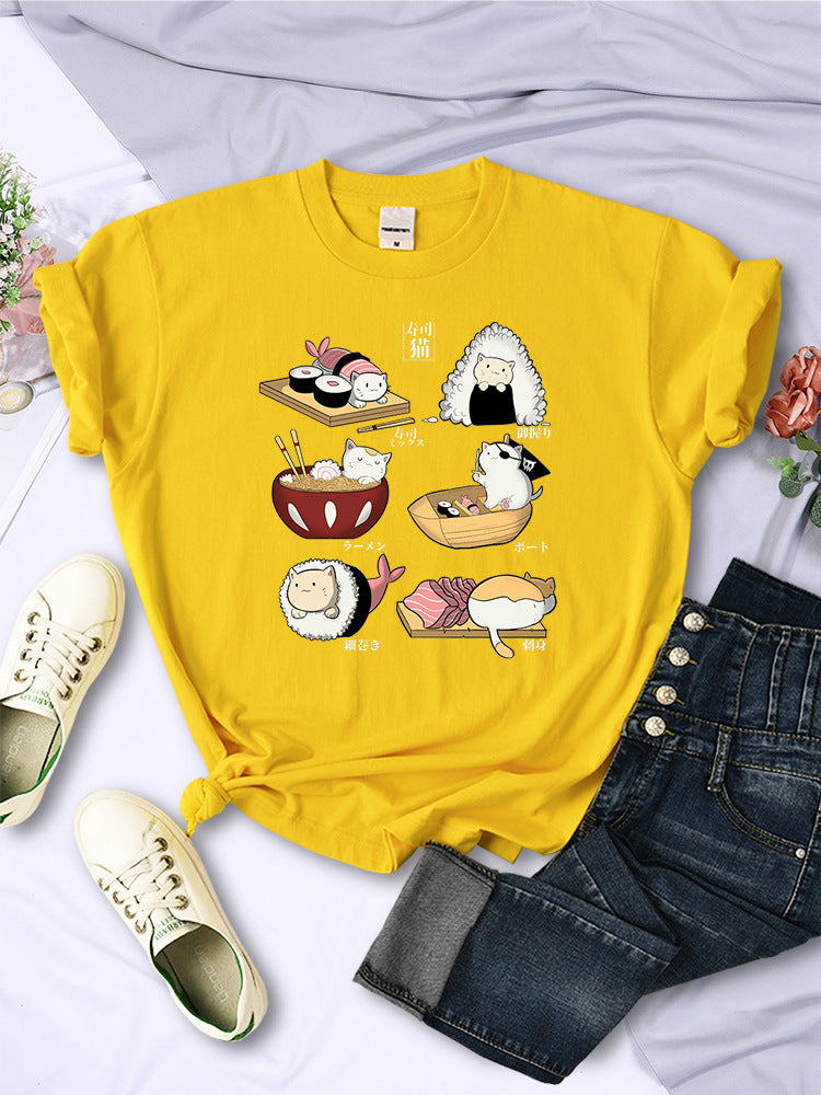 Sushi Cats Day Harajuku Print Female Shirts FashT-shirt