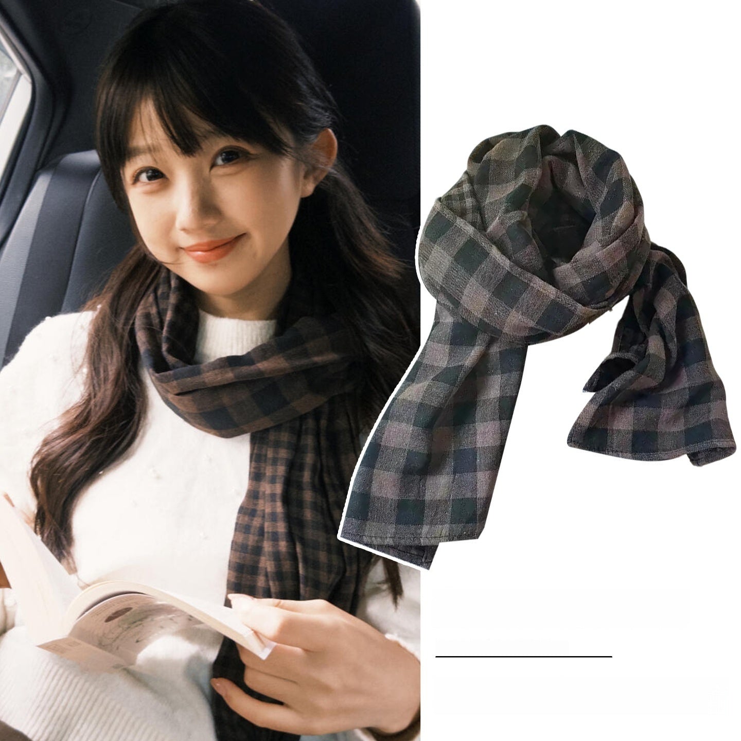 Japanese Cotton And Linen Brown Double-sided Plaid Scarf