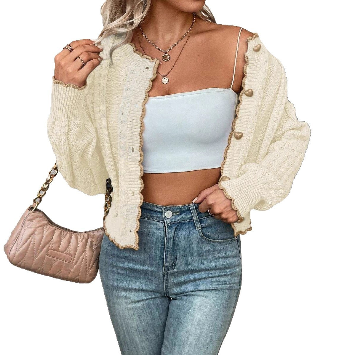 Elegant Contrast Color Lace Heart-shaped Button Knitted Cardigan Coat